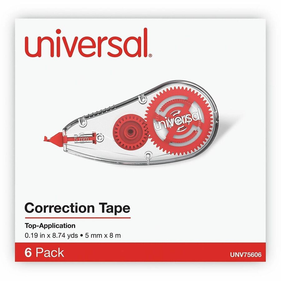 Universal Correction Tape - 0.20" Tape Width x 26.25 ft Tape Length - 1 Line(s) - White Tape - Clear, Red Dispenser - Non-refillable, Easy to Use, Comfortable - Plastic, Film - 6 / Box