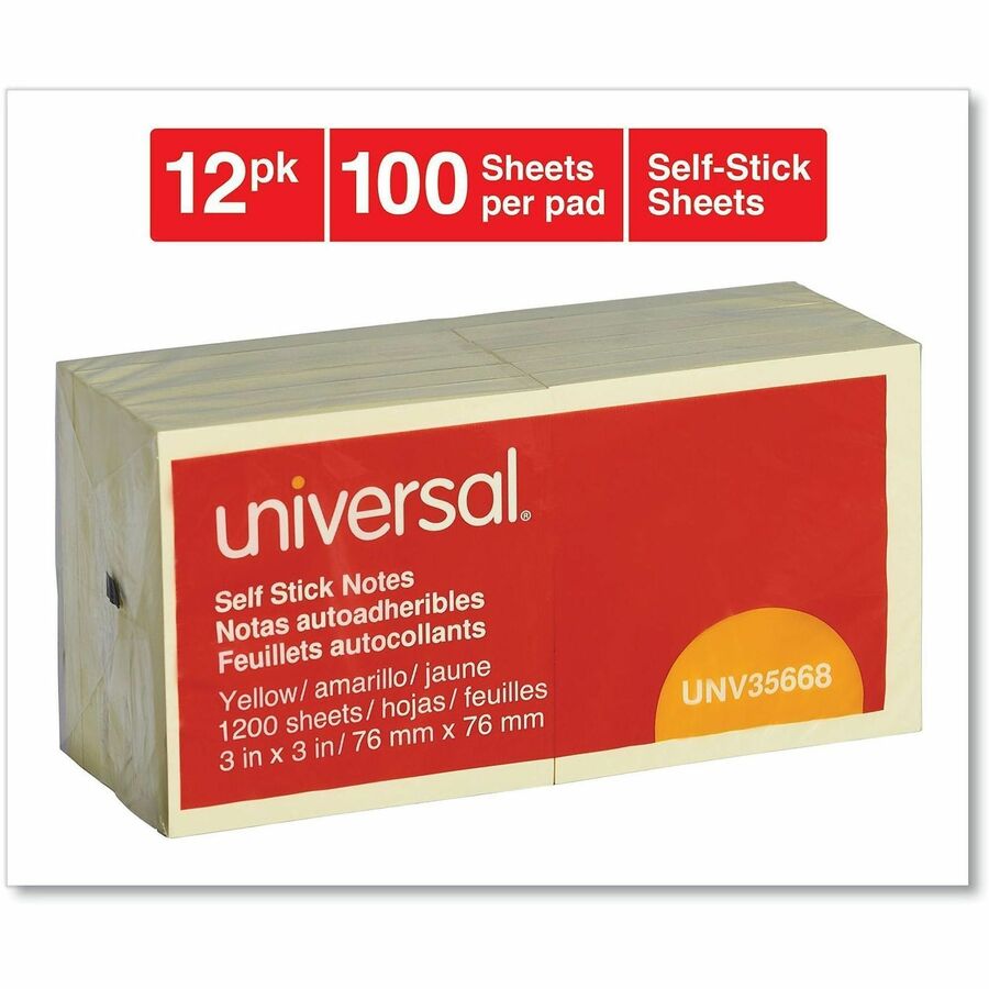 Universal Standard Self-Stick Pads - 1200 x Yellow - 3" Flag/Note Width x 3" Flag/Note Length - Square - 100 Sheets per Pad - Unruled - Yellow - Self-stick, Residue-free - 12 Pads/Pack - 1 Pack