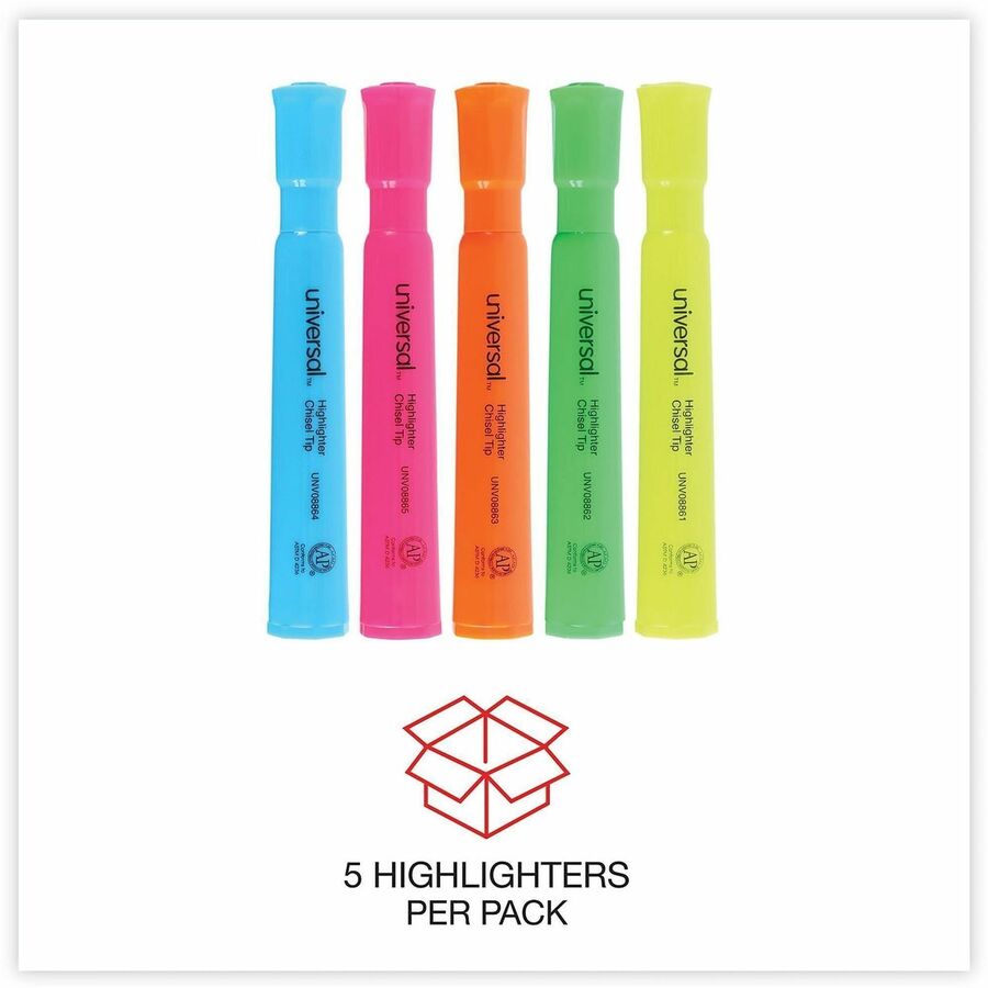 Universal Highlighter - Fluorescent Blue, Fluorescent Green, Fluorescent Pink, Fluorescent Orange, Fluorescent Yellow Ink - Blue Round, Green, Orange, Pink, Yellow Barrel - 5 / Set