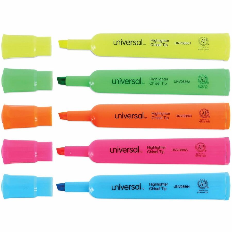 Universal Highlighter - Fluorescent Blue, Fluorescent Green, Fluorescent Pink, Fluorescent Orange, Fluorescent Yellow Ink - Blue Round, Green, Orange, Pink, Yellow Barrel - 5 / Set