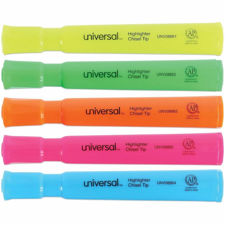 Universal Highlighter - Fluorescent Blue, Fluorescent Green, Fluorescent Pink, Fluorescent Orange, Fluorescent Yellow Ink - Blue Round, Green, Orange, Pink, Yellow Barrel - 5 / Set