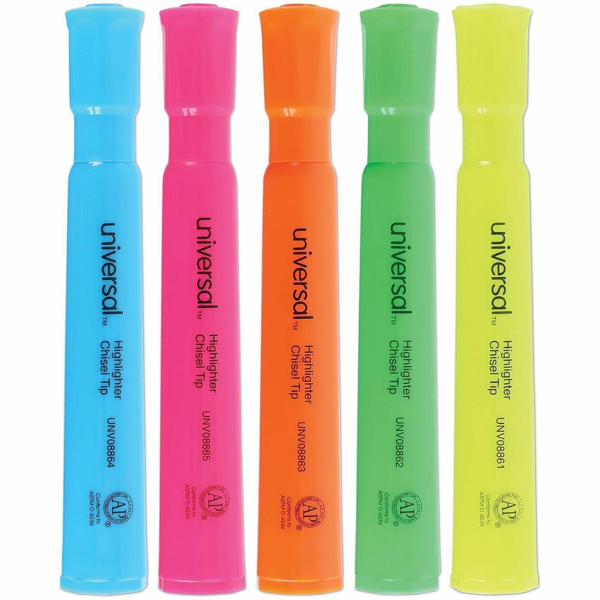 Universal Highlighter - Fluorescent Blue, Fluorescent Green, Fluorescent Pink, Fluorescent Orange, Fluorescent Yellow Ink - Blue Round, Green, Orange, Pink, Yellow Barrel - 5 / Set