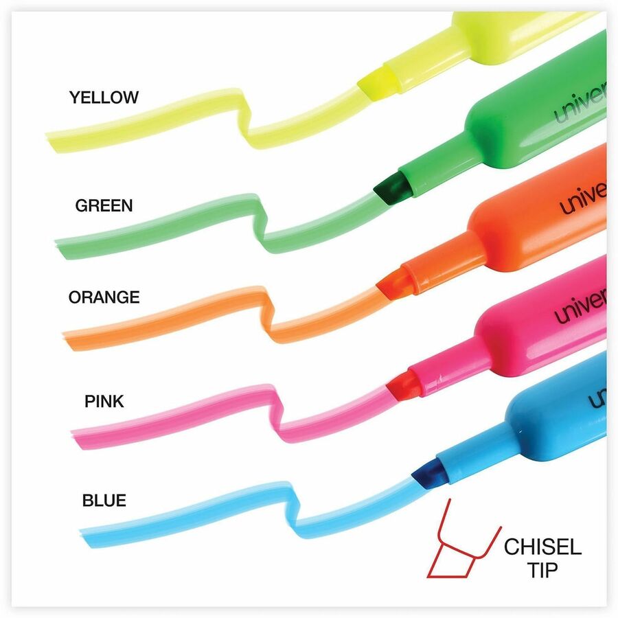 Universal Highlighter - Fluorescent Blue, Fluorescent Green, Fluorescent Pink, Fluorescent Orange, Fluorescent Yellow Ink - Blue Round, Green, Orange, Pink, Yellow Barrel - 5 / Set