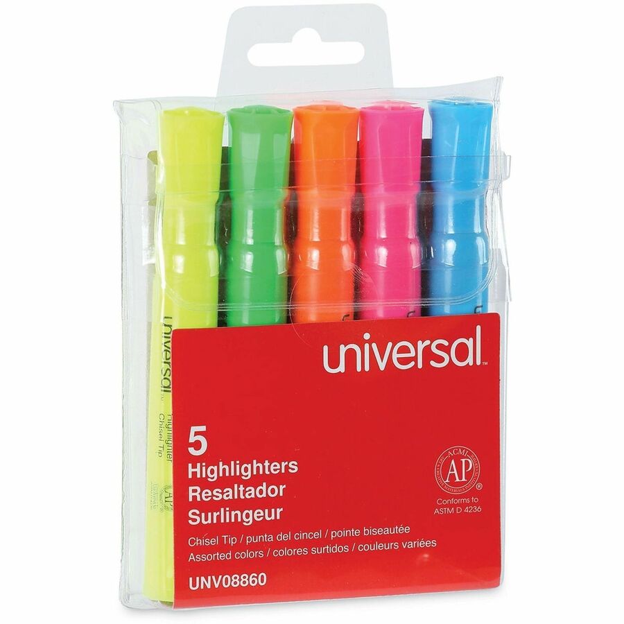 Universal Highlighter - Fluorescent Blue, Fluorescent Green, Fluorescent Pink, Fluorescent Orange, Fluorescent Yellow Ink - Blue Round, Green, Orange, Pink, Yellow Barrel - 5 / Set