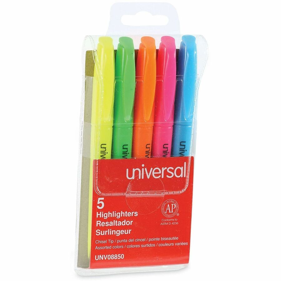 Universal Highlighter - Fluorescent Blue, Fluorescent Green, Fluorescent Orange, Fluorescent Pink, Fluorescent Yellow Ink - Blue, Green, Orange, Pink, Yellow Barrel - 5 / Set