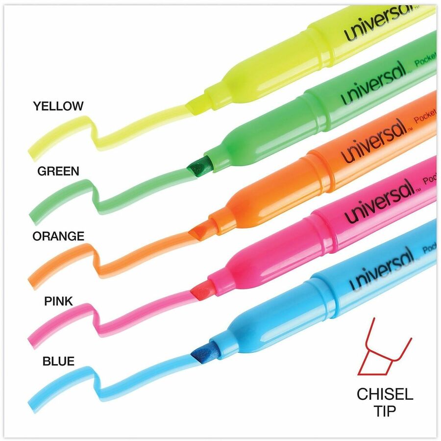 Universal Highlighter - Fluorescent Blue, Fluorescent Green, Fluorescent Orange, Fluorescent Pink, Fluorescent Yellow Ink - Blue, Green, Orange, Pink, Yellow Barrel - 5 / Set