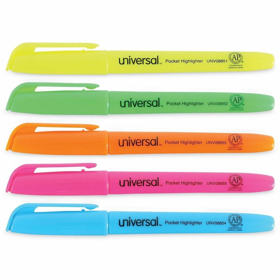 Universal Highlighter - Fluorescent Blue, Fluorescent Green, Fluorescent Orange, Fluorescent Pink, Fluorescent Yellow Ink - Blue, Green, Orange, Pink, Yellow Barrel - 5 / Set