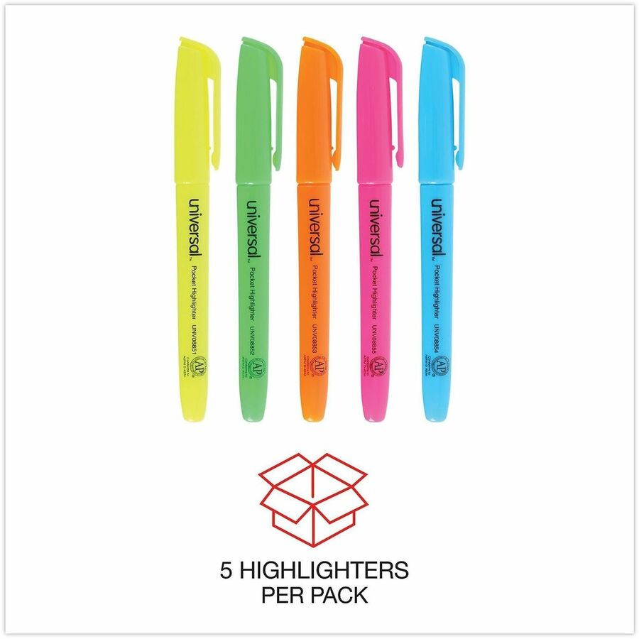Universal Highlighter - Fluorescent Blue, Fluorescent Green, Fluorescent Orange, Fluorescent Pink, Fluorescent Yellow Ink - Blue, Green, Orange, Pink, Yellow Barrel - 5 / Set