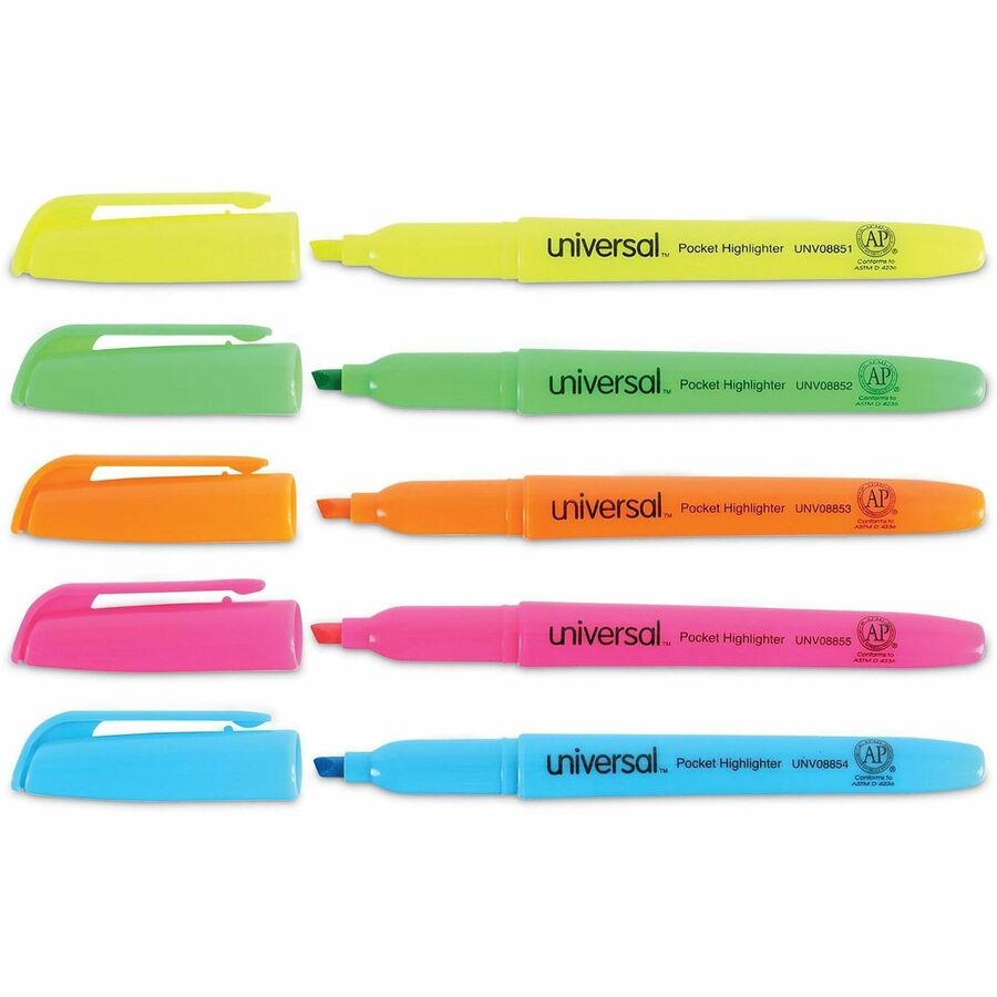 Universal Highlighter - Fluorescent Blue, Fluorescent Green, Fluorescent Orange, Fluorescent Pink, Fluorescent Yellow Ink - Blue, Green, Orange, Pink, Yellow Barrel - 5 / Set