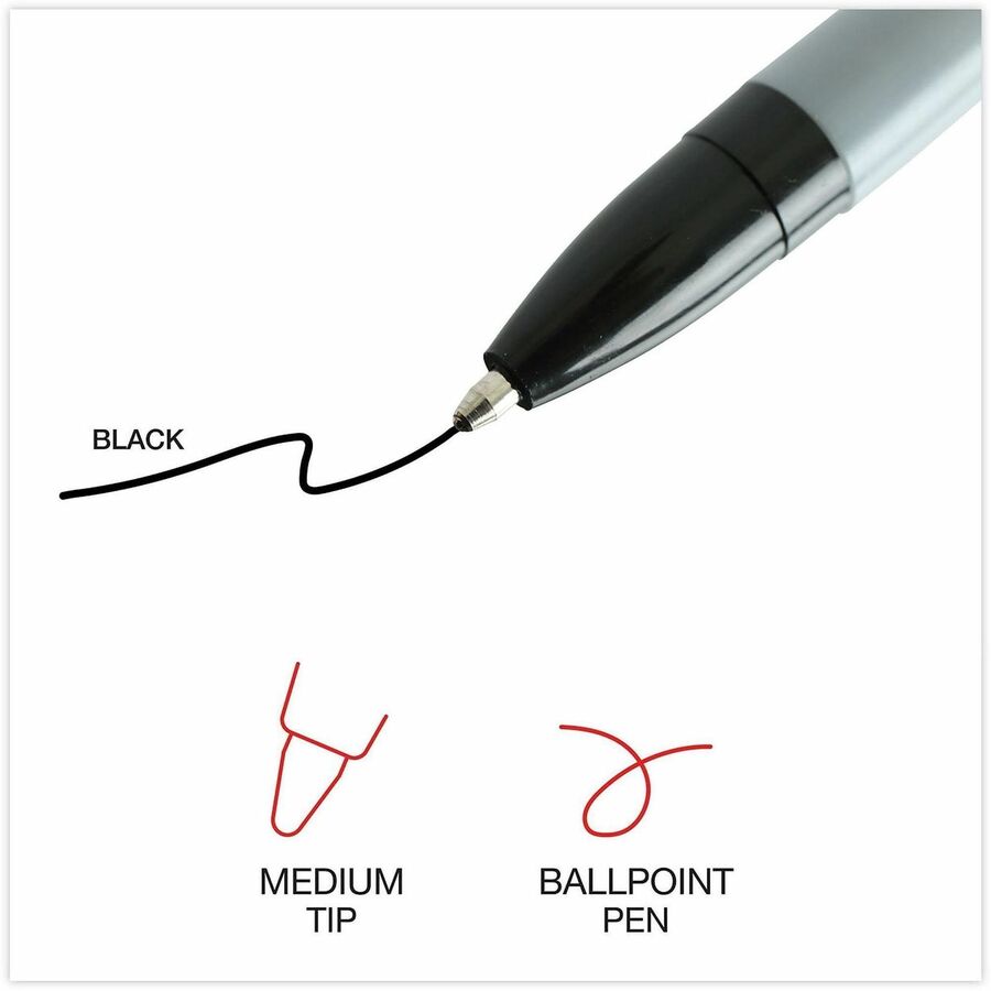 1 mm Medium, Conical Pen Point - Black Ink - Oil Based - Gray Stick, Black Barrel - Office - 60 / Pack