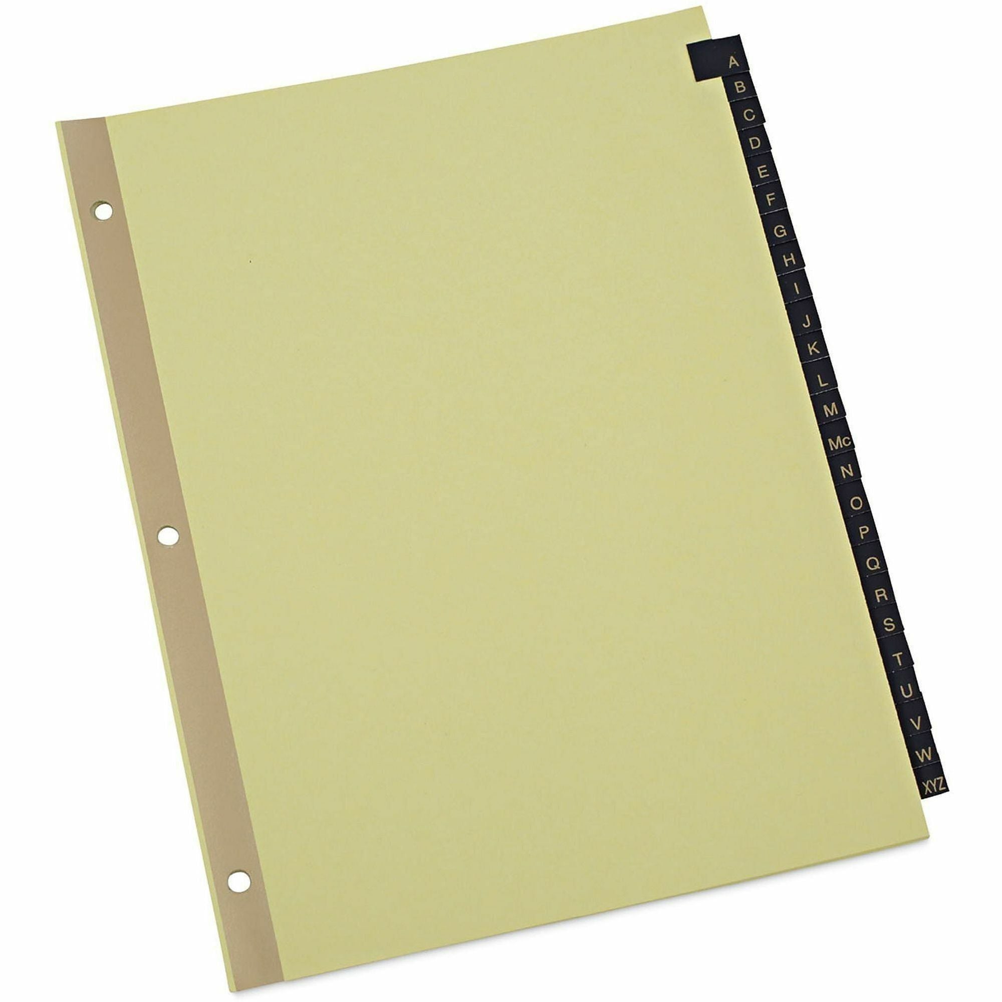 Universal Index Divider, 25 A-Z Printed Side Tabs, Letter Size, 8.5" x 11", 3-Hole Punched, Buff Paper, Black Simulated Leather Tabs, Mylar Reinforced Edge, Gold Reinforcement, 25/Set