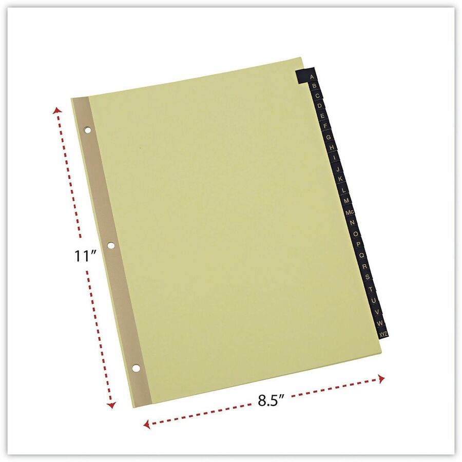 Universal Index Divider, 25 A-Z Printed Side Tabs, Letter Size, 8.5" x 11", 3-Hole Punched, Buff Paper, Black Simulated Leather Tabs, Mylar Reinforced Edge, Gold Reinforcement, 25/Set