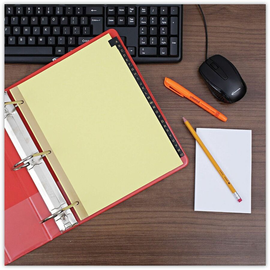 Universal Index Divider, 25 A-Z Printed Side Tabs, Letter Size, 8.5" x 11", 3-Hole Punched, Buff Paper, Black Simulated Leather Tabs, Mylar Reinforced Edge, Gold Reinforcement, 25/Set