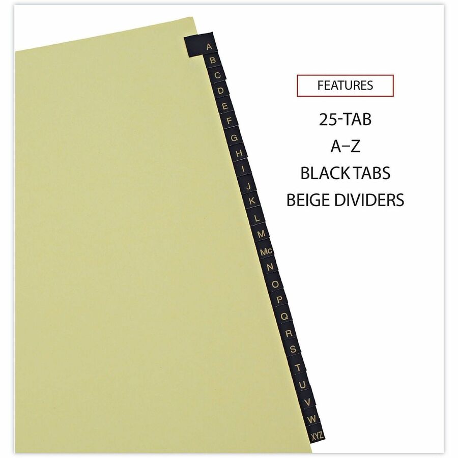 Universal Index Divider, 25 A-Z Printed Side Tabs, Letter Size, 8.5" x 11", 3-Hole Punched, Buff Paper, Black Simulated Leather Tabs, Mylar Reinforced Edge, Gold Reinforcement, 25/Set