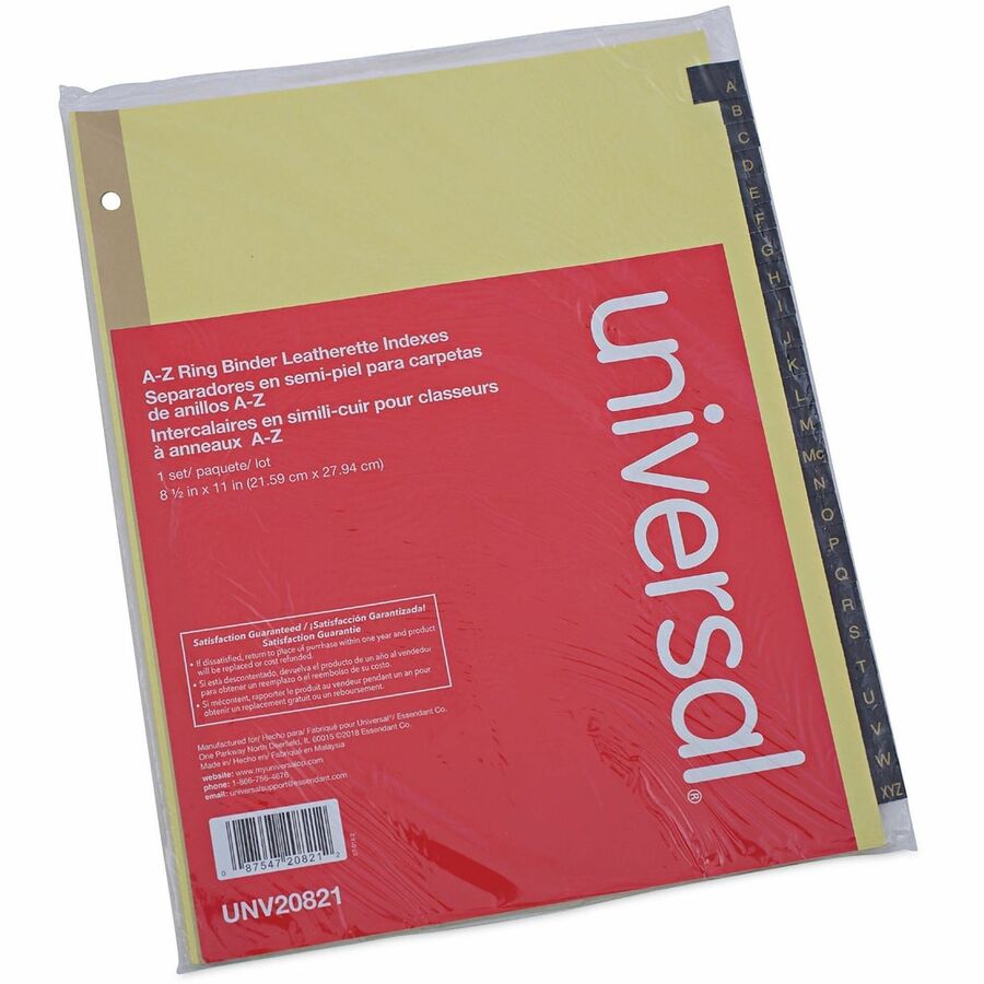 Universal Index Divider, 25 A-Z Printed Side Tabs, Letter Size, 8.5" x 11", 3-Hole Punched, Buff Paper, Black Simulated Leather Tabs, Mylar Reinforced Edge, Gold Reinforcement, 25/Set