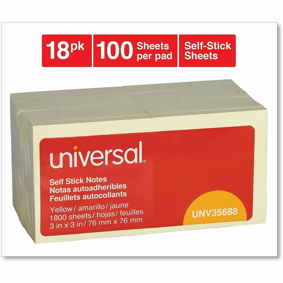 Universal Standard Self-Stick Pads - 1800 x Yellow - 3" Flag/Note Width x 3" Flag/Note Length - Square - 100 Sheets per Pad - Unruled - Yellow - Self-stick, Residue-free - 18 Pads/Pack - 1 Pack