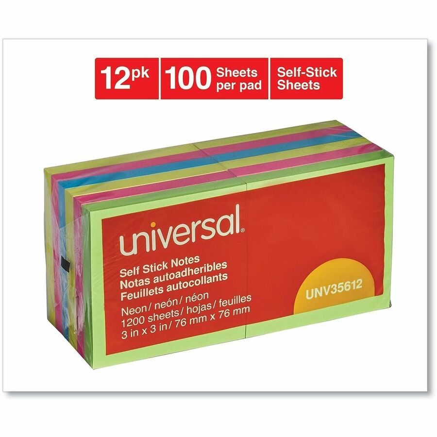 Universal Standard Self-Stick Pads - 1200 x Neon Assorted - 3" Flag/Note Width x 3" Flag/Note Length - Square - 100 Sheets per Pad - Unruled - Neon Pink, Neon Yellow, Electric Blue, Neon Green - Self-stick, Residue-free - 12 Pads/Pack - 1 Pack