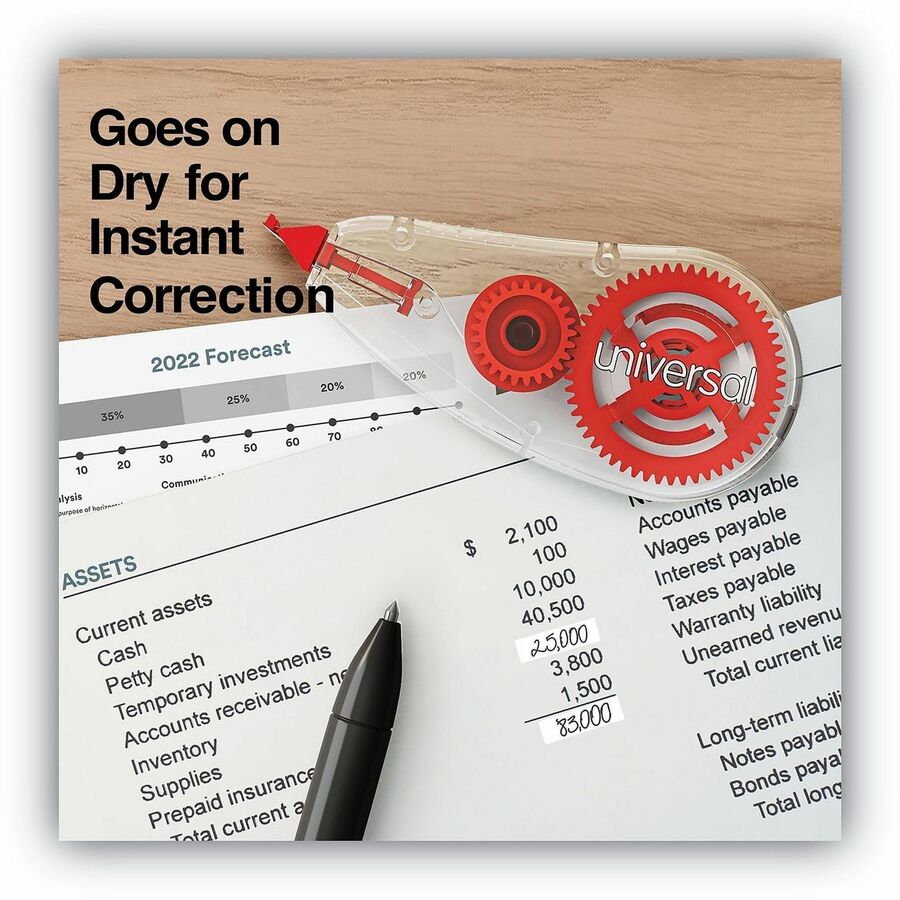 Universal Correction Tape - 0.20" Tape Width x 26.25 ft Tape Length - 1 Line(s) - White Tape - Clear, Red Dispenser - Easy to Use, Comfortable, Non-refillable - Plastic, Film - 2 / Pack