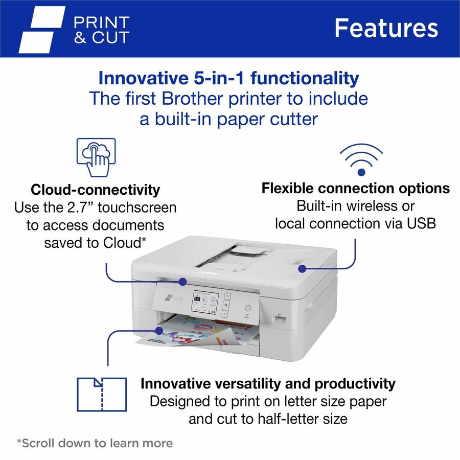 Copier/Fax/Printer/Scanner - 6000 x 1200 dpi Print - Automatic Duplex Print - Color Flatbed Scanner - 1200 x 600 dpi Optical Scan - Wireless LAN - Wi-Fi Direct, Brother Mobile Connect, Apple AirPrint, Mopria - USB - For Plain Paper Print - 1 Each