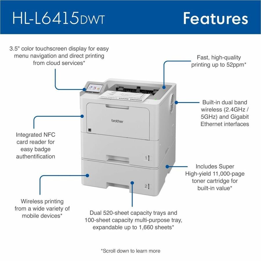 Brother HL-L6415DWT Desktop Wireless Laser Printer - Monochrome
