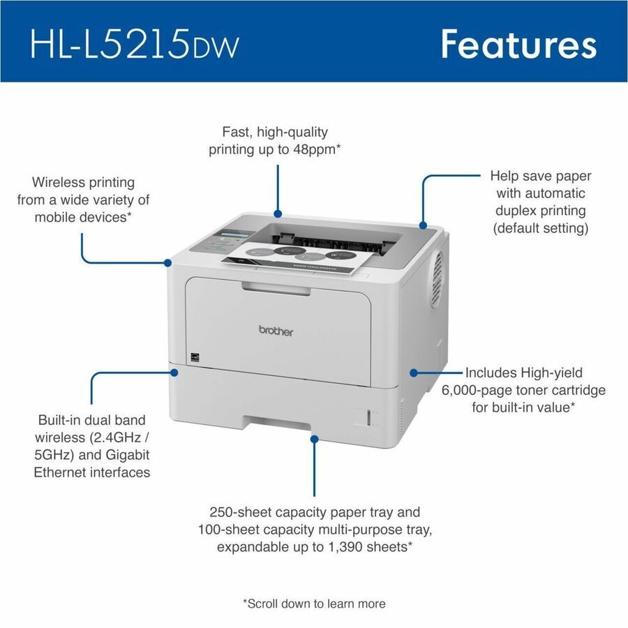Brother HL-L5215DW Desktop Wireless Laser Printer - Monochrome