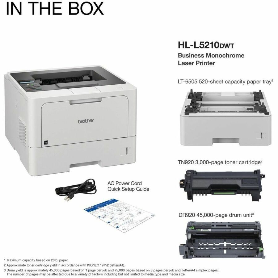 Brother HL-L5210DW Monochrome Wireless Laser Printer, 48 ppm, 1200 x 1200 dpi, Automatic Duplex, 870-Sheet Input, Ethernet, Wi-Fi, LCD, 256MB Memory, 1 Each