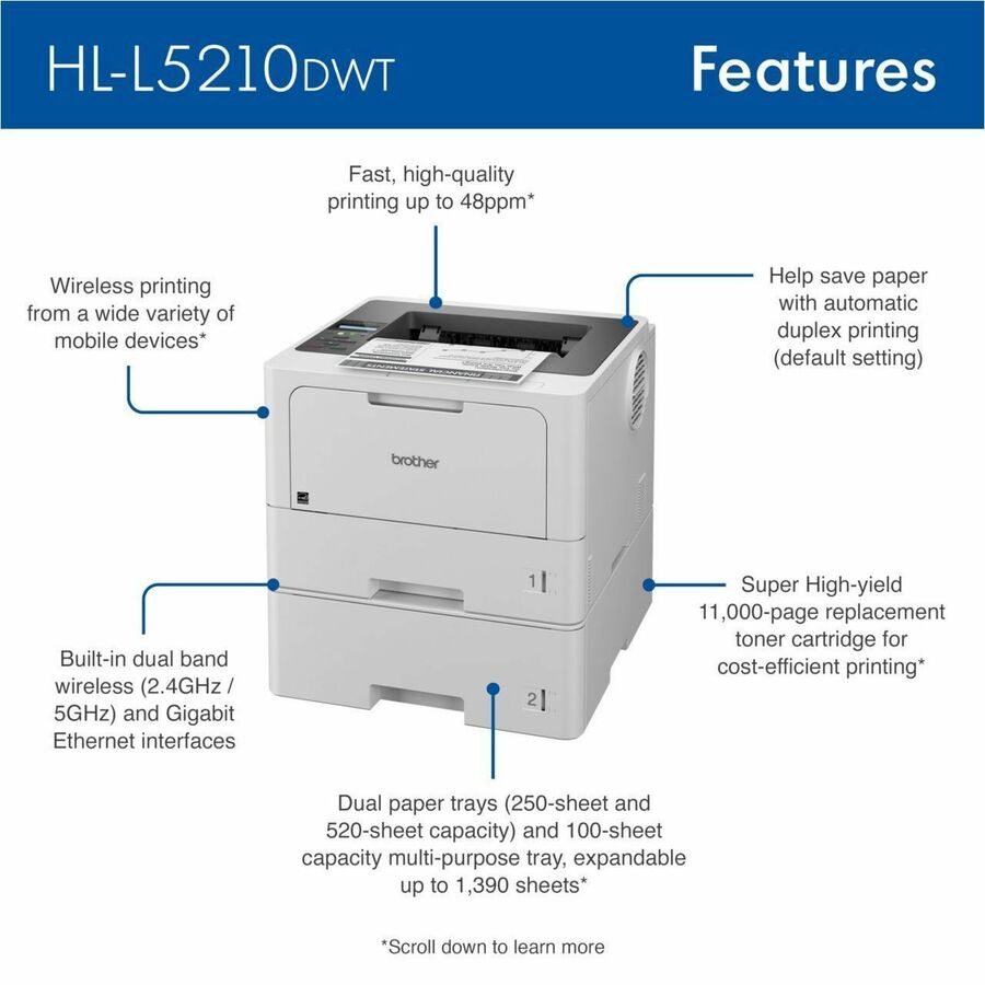 Brother HL-L5210DW Monochrome Wireless Laser Printer, 48 ppm, 1200 x 1200 dpi, Automatic Duplex, 870-Sheet Input, Ethernet, Wi-Fi, LCD, 256MB Memory, 1 Each