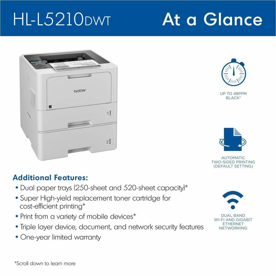 Brother HL-L5210DW Monochrome Wireless Laser Printer, 48 ppm, 1200 x 1200 dpi, Automatic Duplex, 870-Sheet Input, Ethernet, Wi-Fi, LCD, 256MB Memory, 1 Each