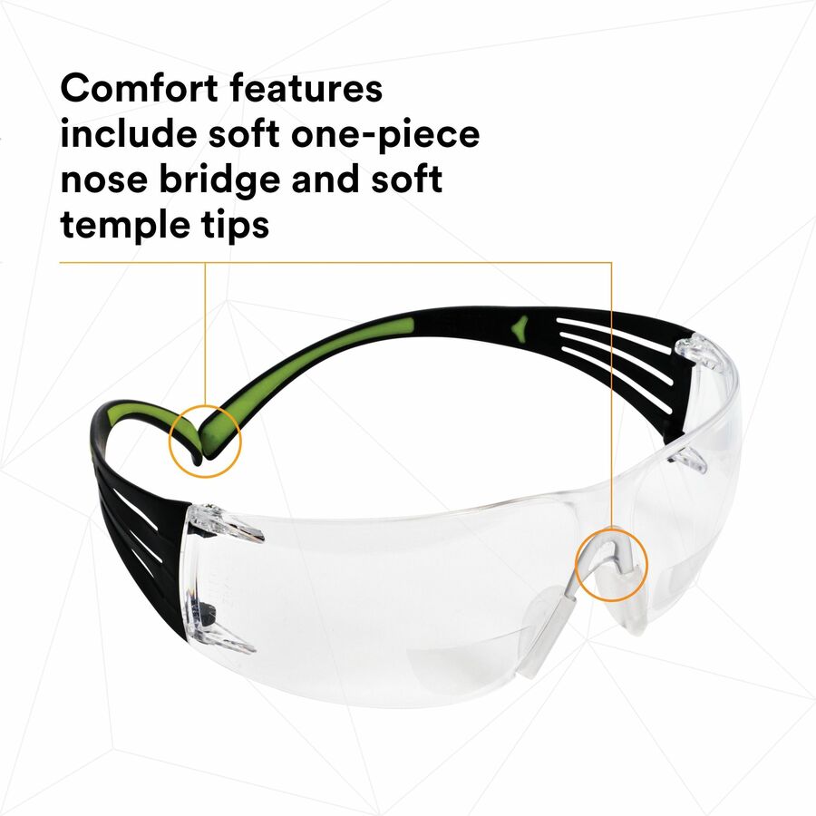 3M SecureFit 400 Series Protective Eyewear, Clear Anti-Fog Polycarbonate Lens, Black/Green Frame, Impact Resistant, Adjustable Temples, Diopter Lens, 1 Each