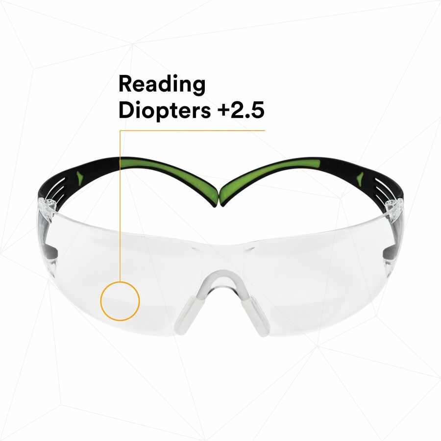 3M SecureFit 400 Series Protective Eyewear, Clear Anti-Fog Polycarbonate Lens, Black/Green Frame, Impact Resistant, Adjustable Temples, Diopter Lens, 1 Each