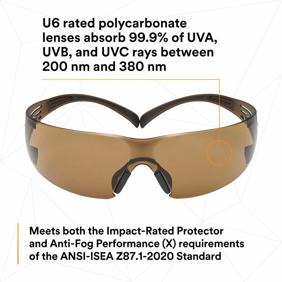 3M SecureFit Protective Eyewear - Recommended for: Eye, Indoor/Outdoor - Fog, UVA, UVB, UVC Protection - Polycarbonate - Anti-fog, Comfortable, Soft, Nose Bridge, Impact Resistant, Adjustable Temple - 1 Each