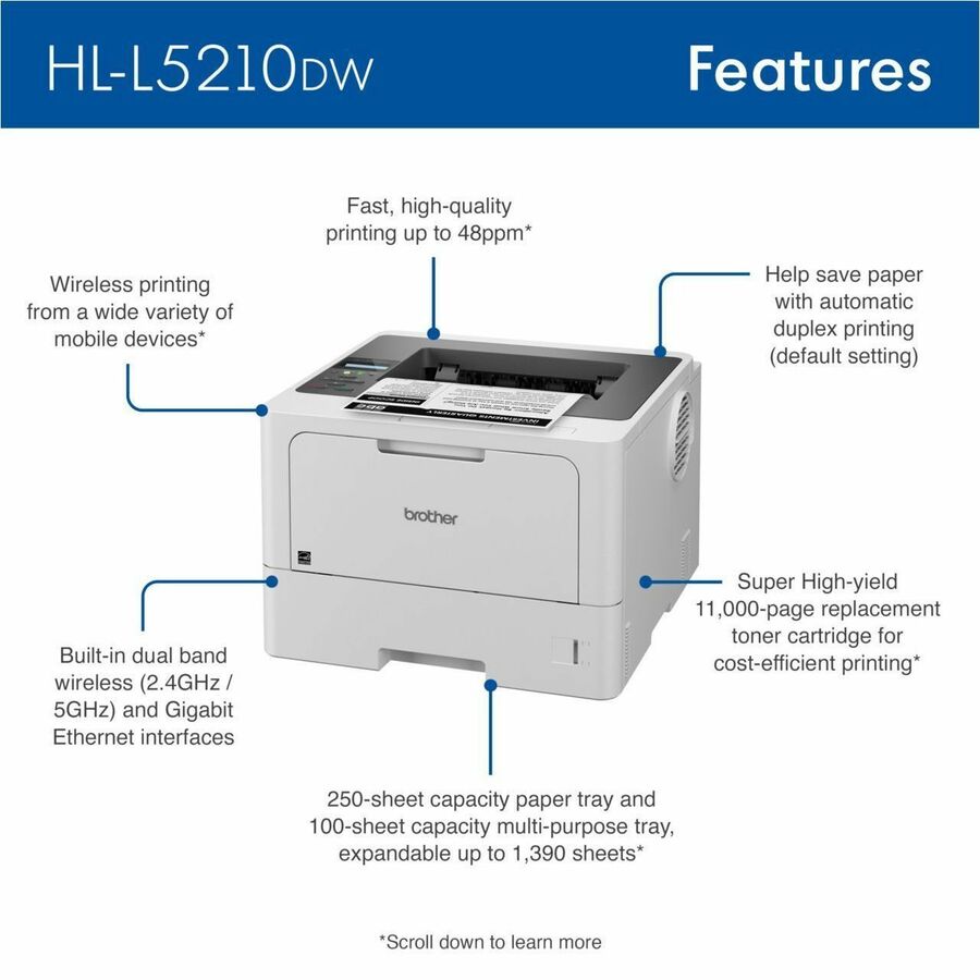 Brother HL-L5210DW Monochrome Wireless Laser Printer, 48 ppm, 1200 x 1200 dpi, Automatic Duplex, 250-Sheet Input, Ethernet, Wi-Fi, 1 Each