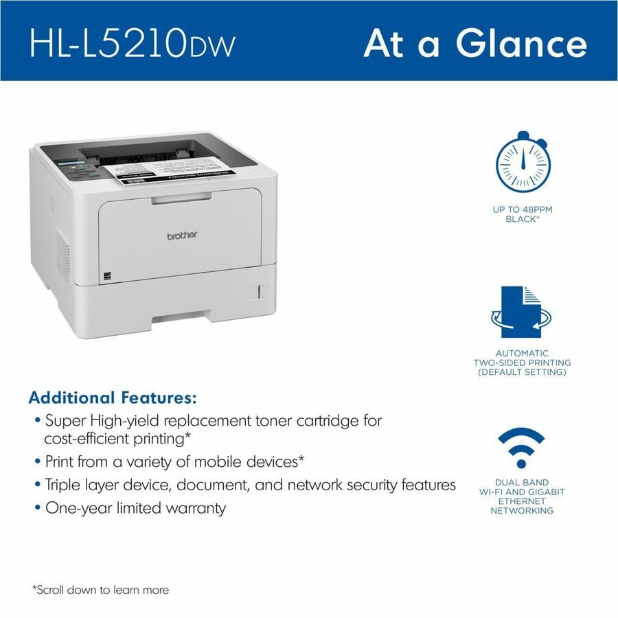 Brother HL-L5210DW Monochrome Wireless Laser Printer, 48 ppm, 1200 x 1200 dpi, Automatic Duplex, 250-Sheet Input, Ethernet, Wi-Fi, 1 Each