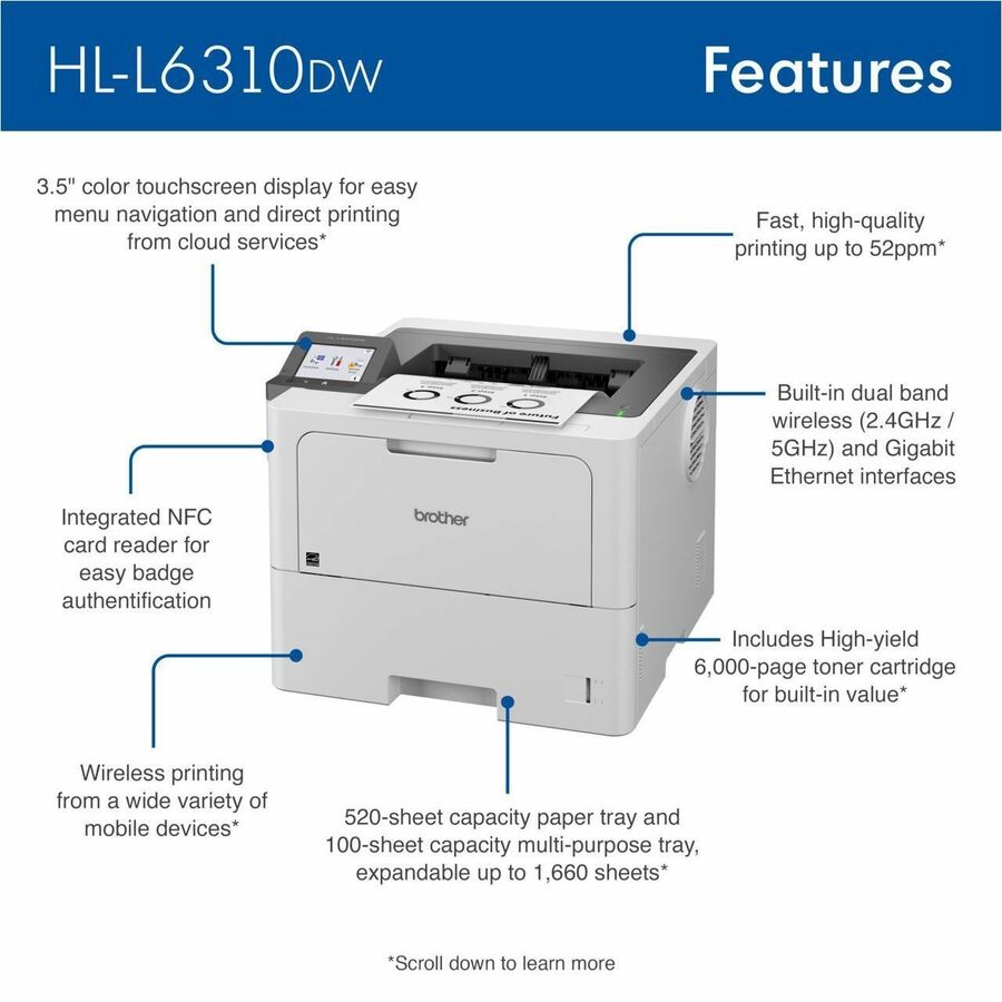 52 ppm Mono - 1200 x 1200 dpi Print - Automatic Duplex Print - 620 Sheets Input - Ethernet - Wireless LAN - Wi-Fi Direct - 140000 Pages Duty Cycle - Plain Paper Print - Gigabit Ethernet - USB