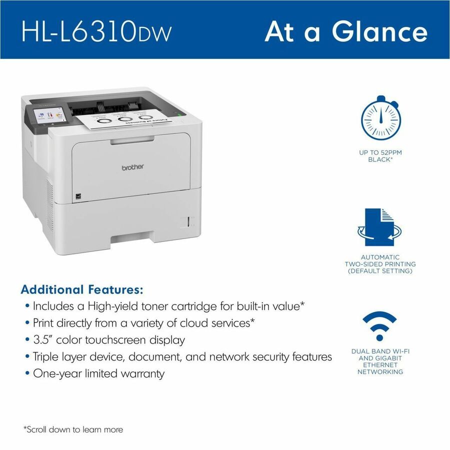 52 ppm Mono - 1200 x 1200 dpi Print - Automatic Duplex Print - 620 Sheets Input - Ethernet - Wireless LAN - Wi-Fi Direct - 140000 Pages Duty Cycle - Plain Paper Print - Gigabit Ethernet - USB