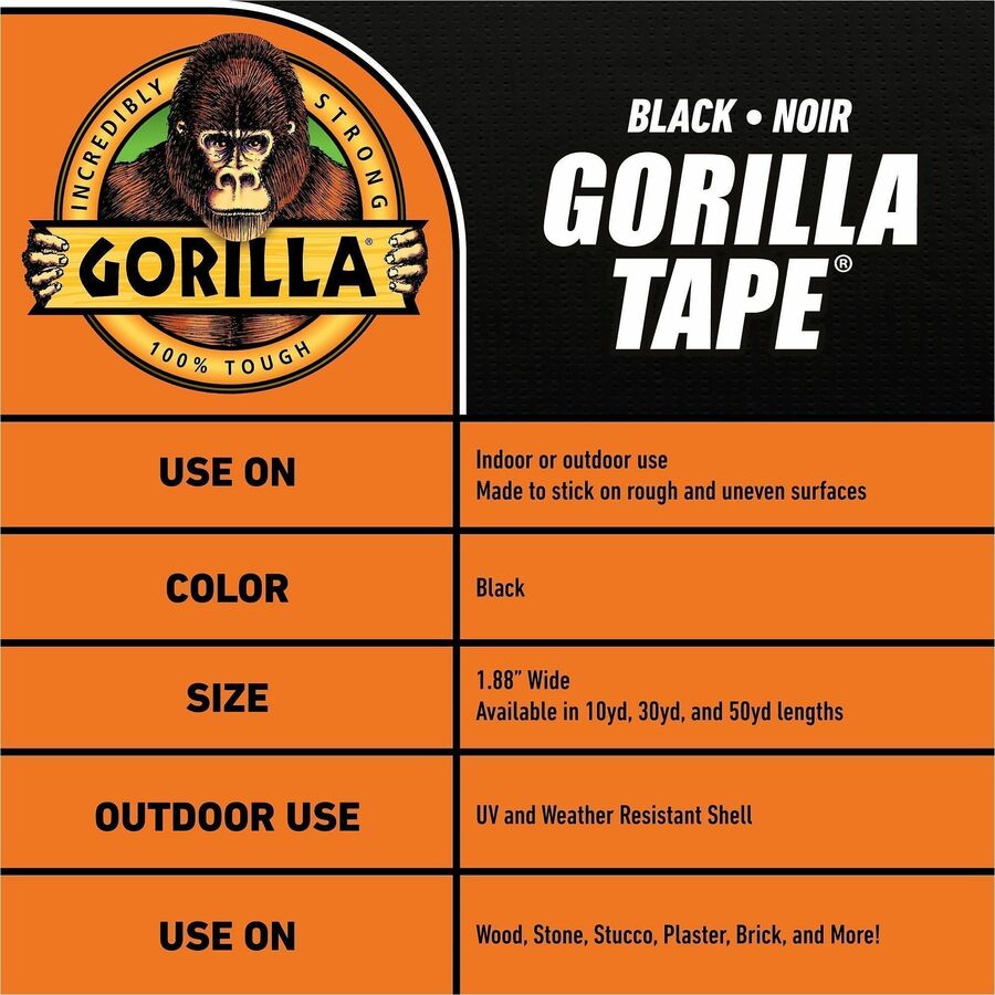 Gorilla Tape - 10 yd Length x 1.88" Width - Black - 1 Each
