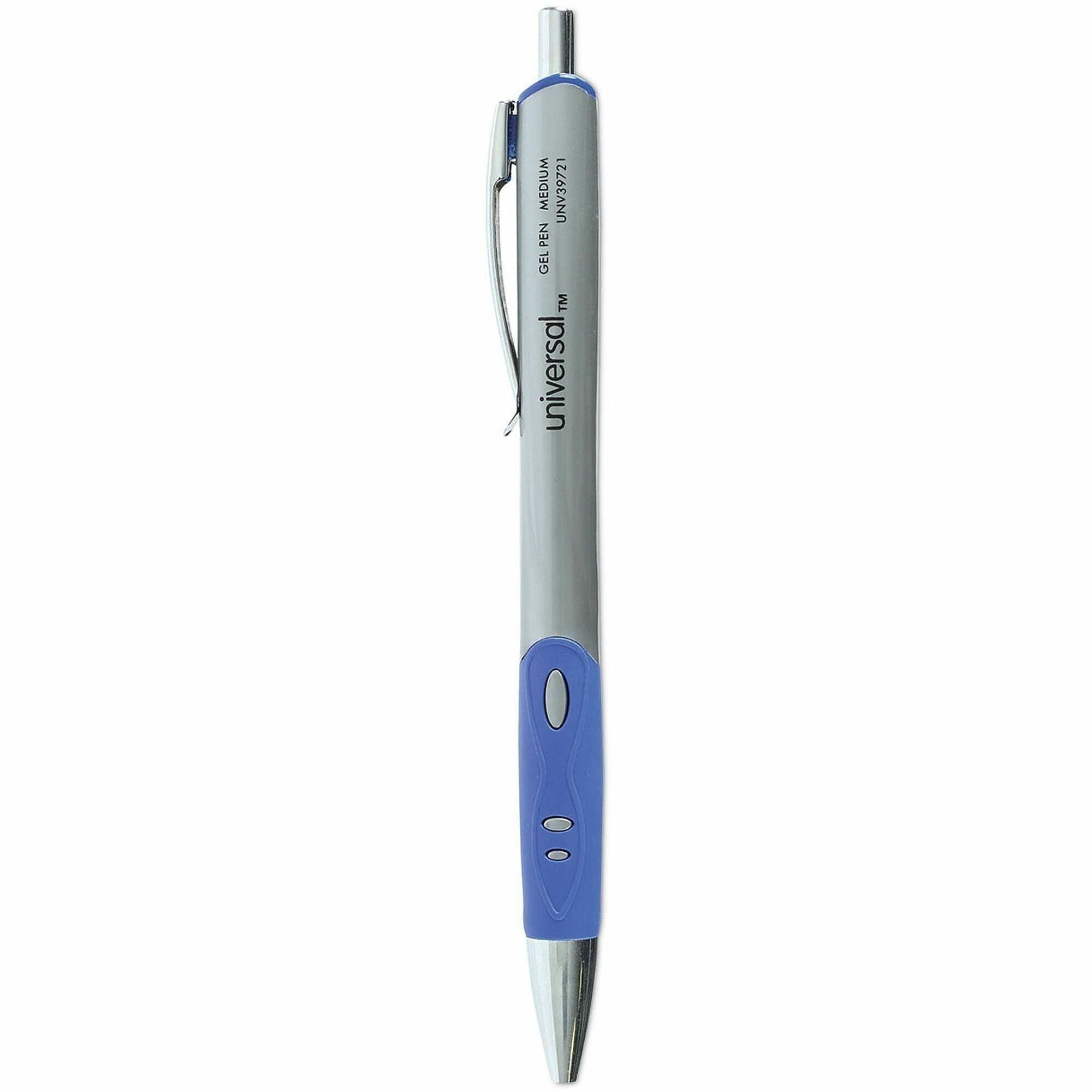 Universal Comfort Grip Gel Pen - Retractable - Blue Ink - Water Based - Gray, Blue, Silver Barrel - 1 Dozen