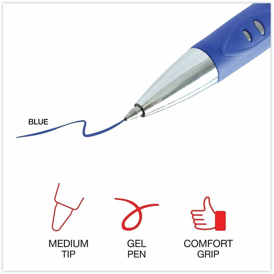Universal Comfort Grip Gel Pen - Retractable - Blue Ink - Water Based - Gray, Blue, Silver Barrel - 1 Dozen
