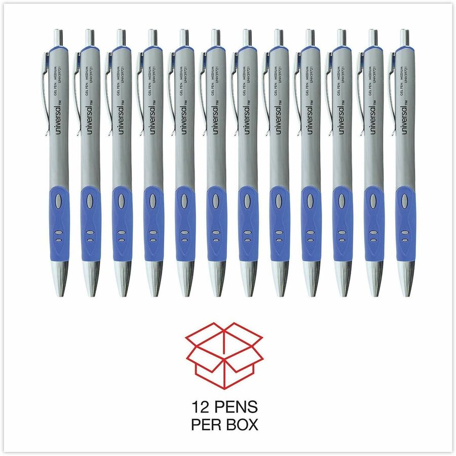 Universal Comfort Grip Gel Pen - Retractable - Blue Ink - Water Based - Gray, Blue, Silver Barrel - 1 Dozen