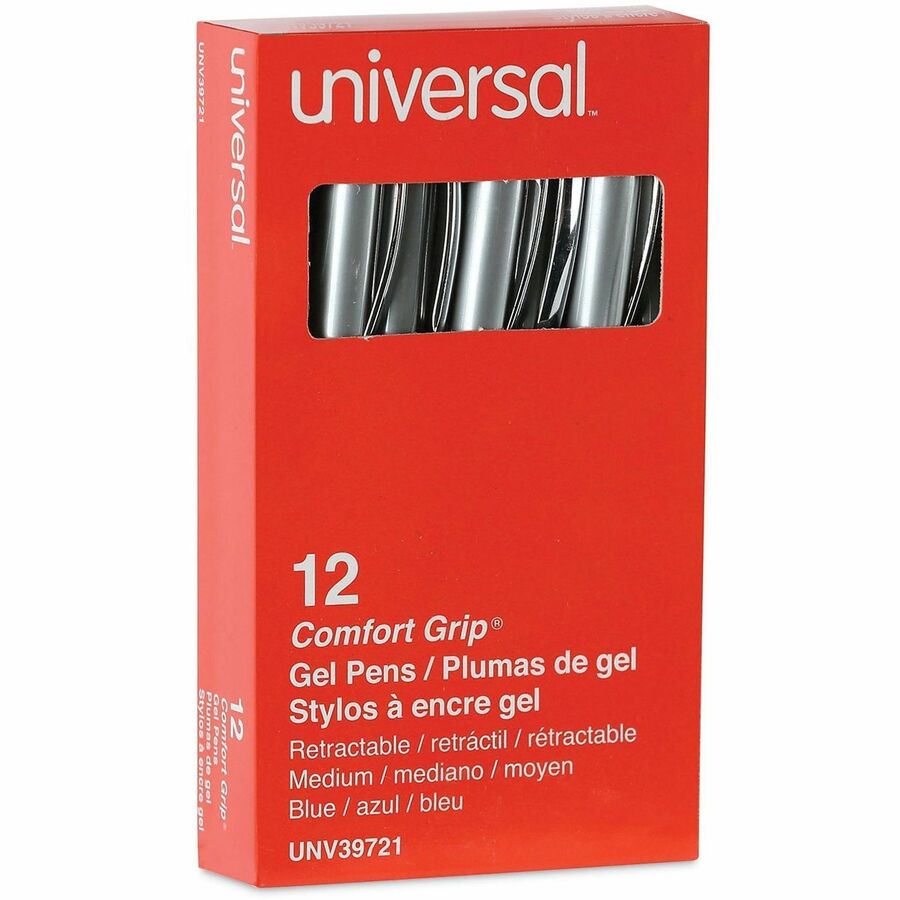 Universal Comfort Grip Gel Pen - Retractable - Blue Ink - Water Based - Gray, Blue, Silver Barrel - 1 Dozen