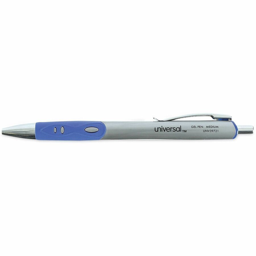 Universal Comfort Grip Gel Pen - Retractable - Blue Ink - Water Based - Gray, Blue, Silver Barrel - 1 Dozen