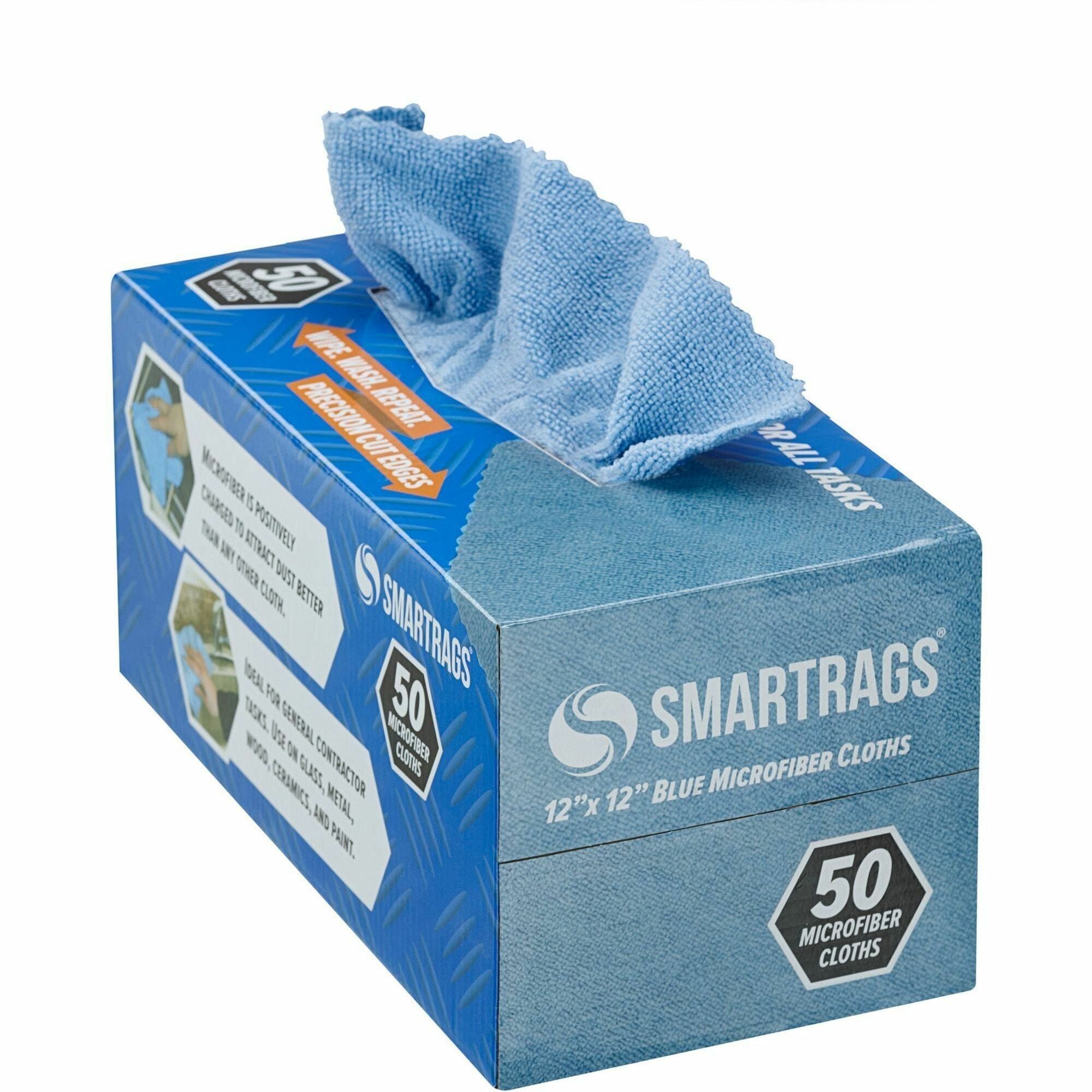 Monarch Smart Rags Microfiber Cloths, Reusable, Streak-free, Lint-free, Dirt & Grime Resistant, Blue, 12" x 12", 50/Box