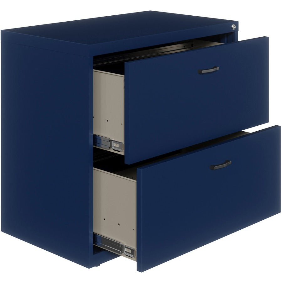 NuSparc 2-Drawer Lateral File, Blue, Steel, 30"W x 17.6"D x 27.7"H, Letter Size, Lateral, Interlocking, Anti-tip, Ball Bearing Slide, Removable Lock, Adjustable Leveling Glides, Recycled, 1 Each