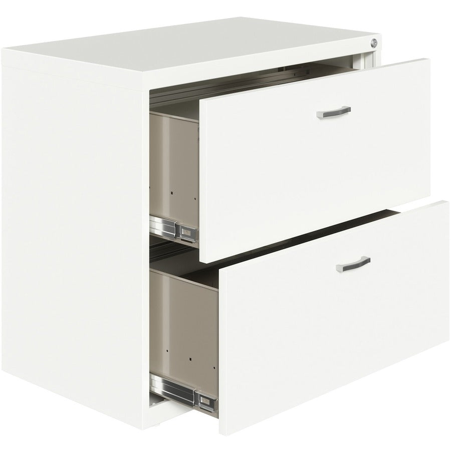 NuSparc 2-Drawer Lateral File, 30"W x 17.6"D x 27.7"H, Letter Size, Lateral, Steel, White, Interlocking, Anti-tip, Ball Bearing Slides, Removable Lock, Adjustable Leveling Glides, 1 Each