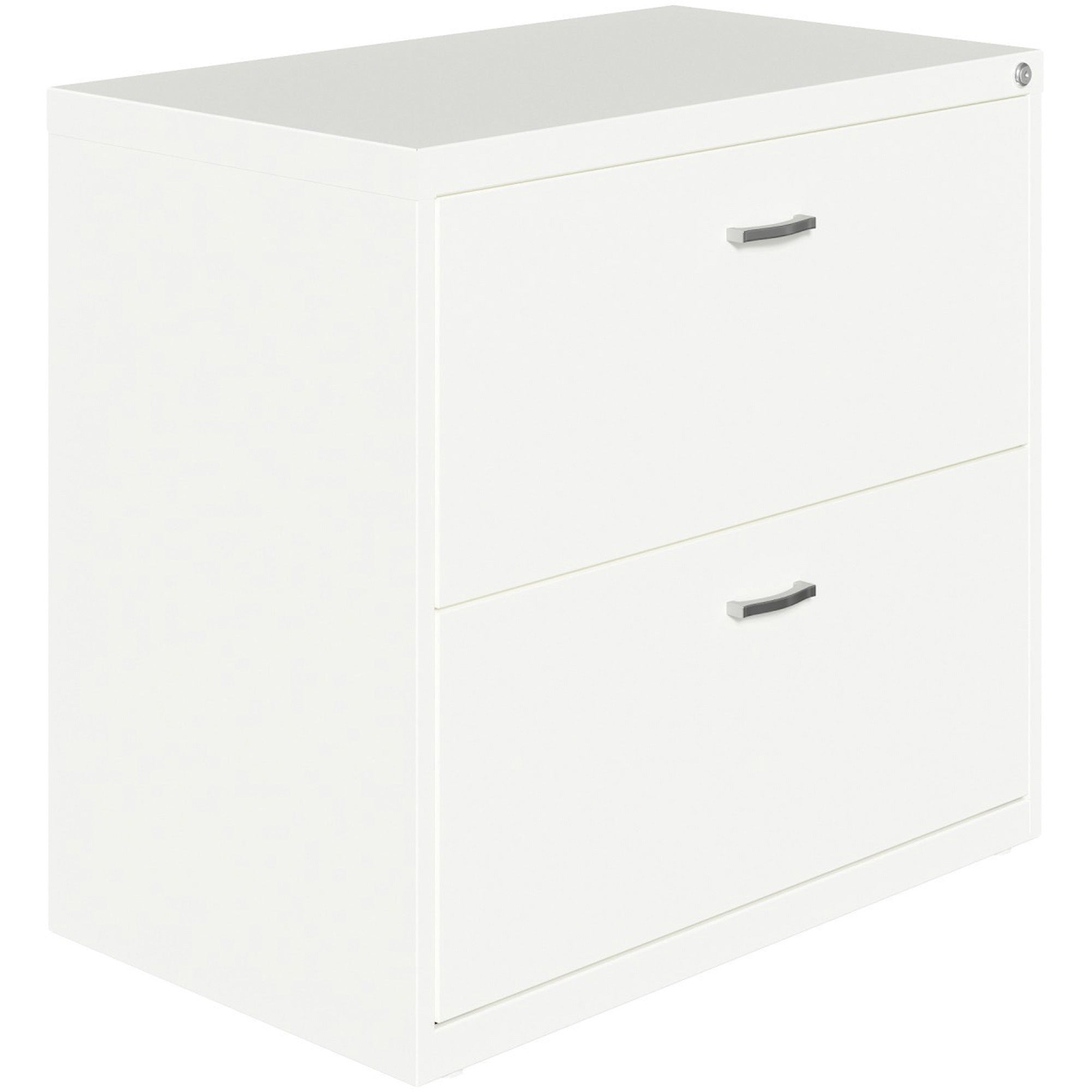 NuSparc 2-Drawer Lateral File, 30"W x 17.6"D x 27.7"H, Letter Size, Lateral, Steel, White, Interlocking, Anti-tip, Ball Bearing Slides, Removable Lock, Adjustable Leveling Glides, 1 Each