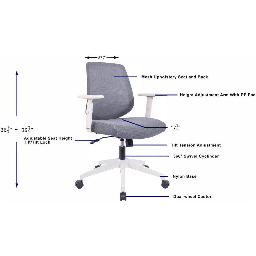 NuSparc Mid-Back Task Chair - Fabric Back Material - Mid Back - 5-star Base - Gray - Armrest - 1 Each
