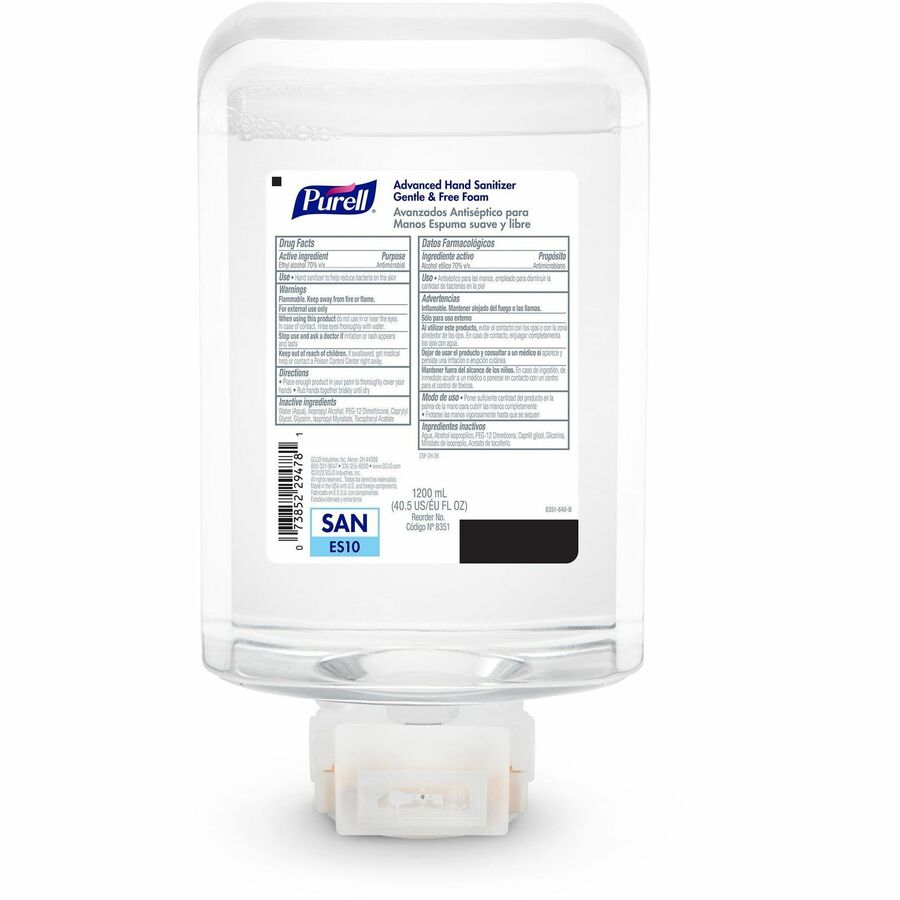 PURELL Advanced Hand Sanitizer Foam Refill, 1.27 Quart, Touchless Dispenser, Clear, Fragrance-Free, Dye-Free, Bio-based, 2/Carton