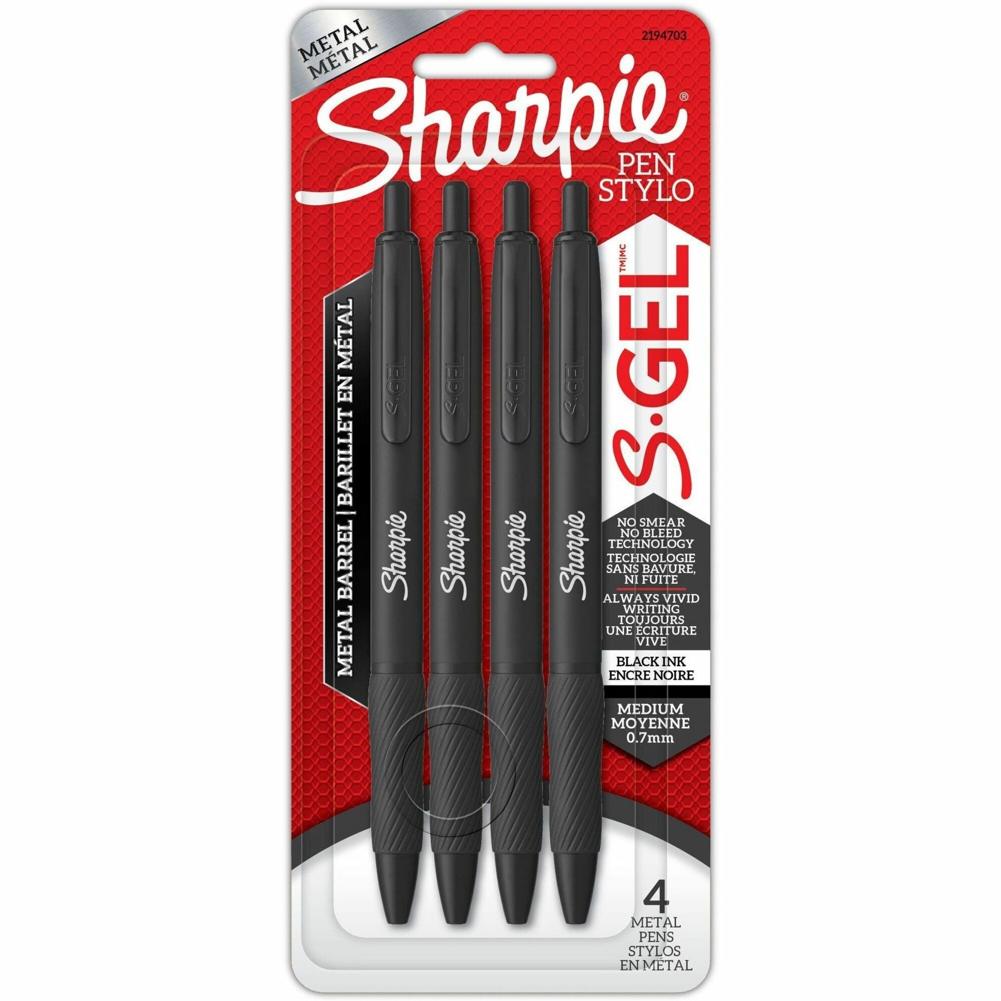 S-Gel Premium Metal Barrel Gel Pen, Retractable, Medium 0.7 Mm, Black Ink, Black Barrel, 4/Pack