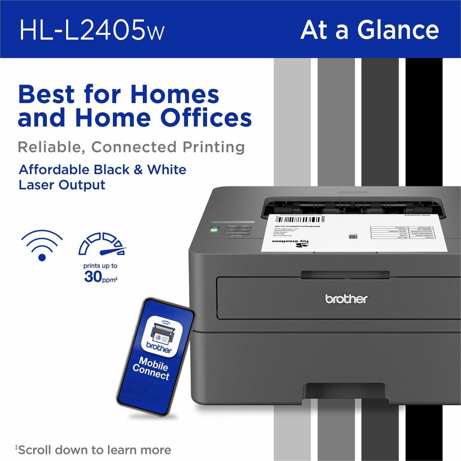 30 ppm Mono - 1200 x 1200 dpi Print - 250 Sheets Input - Wireless LAN - Apple AirPrint, Mopria, Brother Mobile Connect - 35000 Pages Duty Cycle - Plain Paper Print - USB