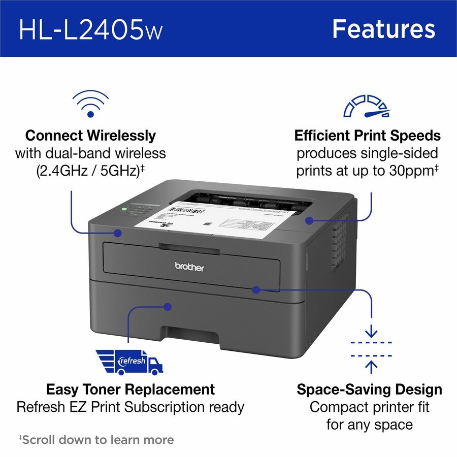 30 ppm Mono - 1200 x 1200 dpi Print - 250 Sheets Input - Wireless LAN - Apple AirPrint, Mopria, Brother Mobile Connect - 35000 Pages Duty Cycle - Plain Paper Print - USB